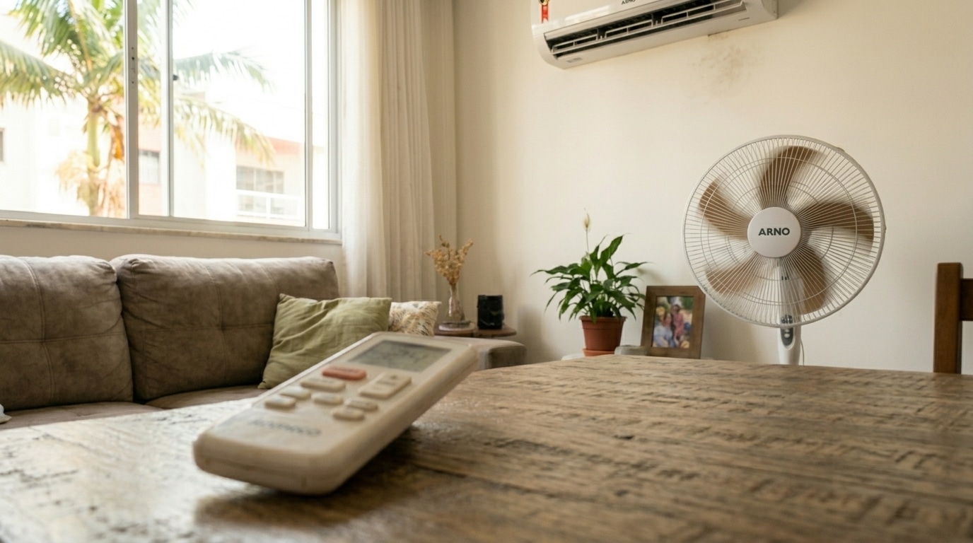 Controle remoto branco desfocado sobre uma mesa de madeira rústica, com um ventilador de mesa branco e um sofá bege ao fundo em uma sala de estar.