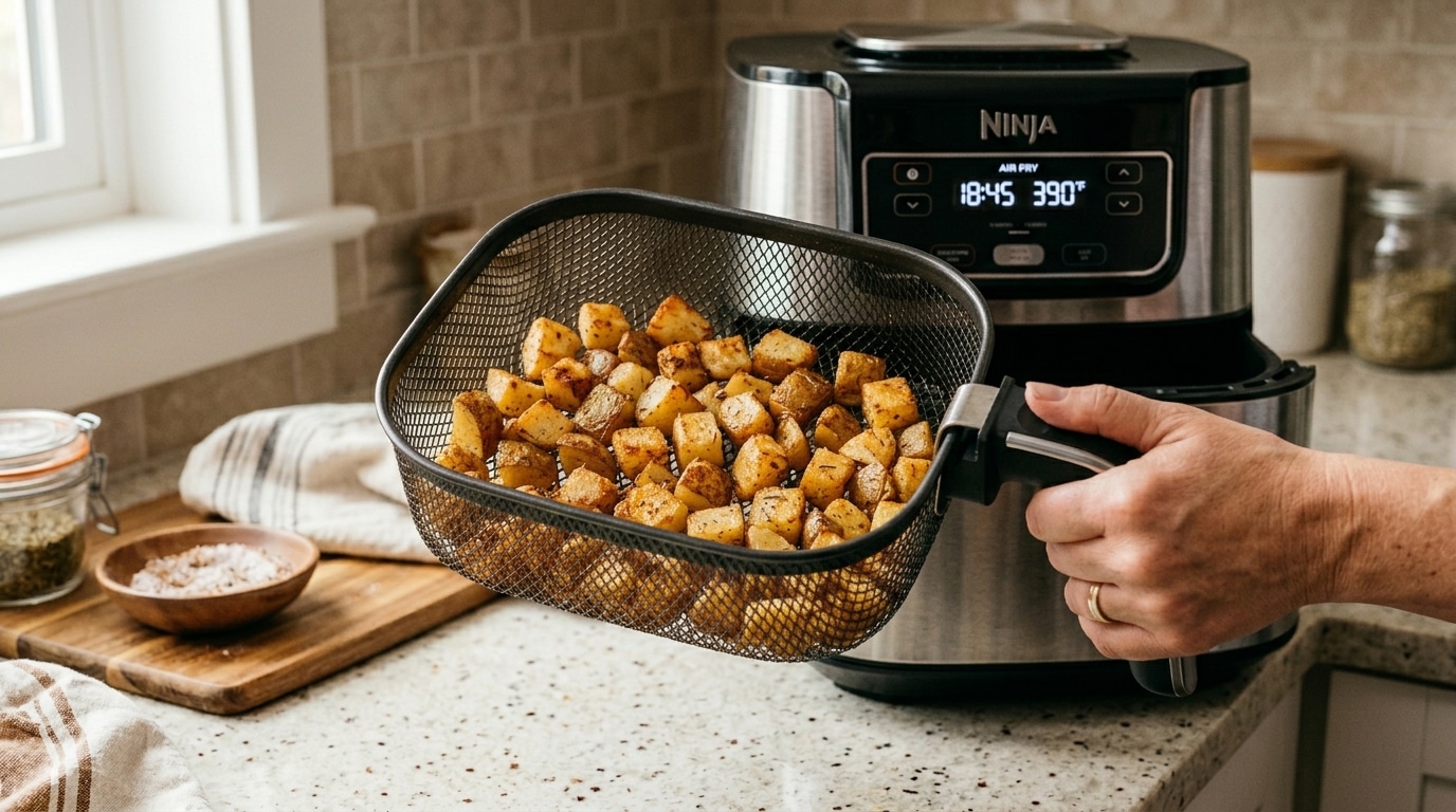 Mão segurando uma cesta metálica preta cheia de cubos de batata assados e dourados. Ao fundo, uma fritadeira elétrica tipo air fryer em uma bancada clara.