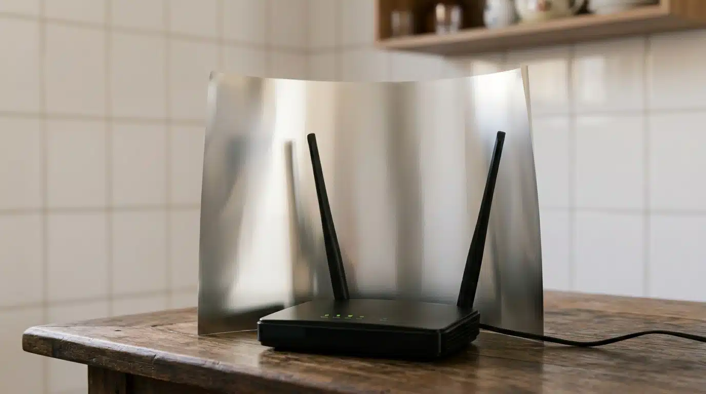 Um roteador Wi-Fi preto com duas antenas em uma mesa de madeira rústica, com uma folha curva e lisa de alumínio posicionada atrás.