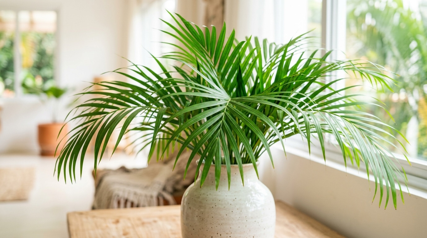 Vaso de cerâmica branca com pontinhos pretos acomodando folhas de palmeira areca sobre uma mesa de madeira rústica perto da janela.