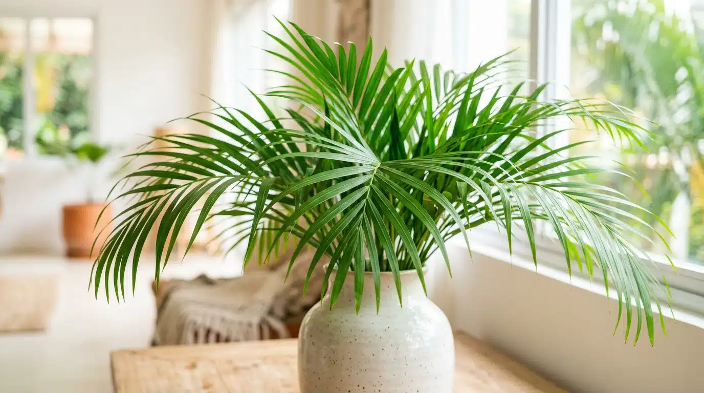 Vaso de cerâmica branca com pontinhos pretos acomodando folhas de palmeira areca sobre uma mesa de madeira rústica perto da janela.