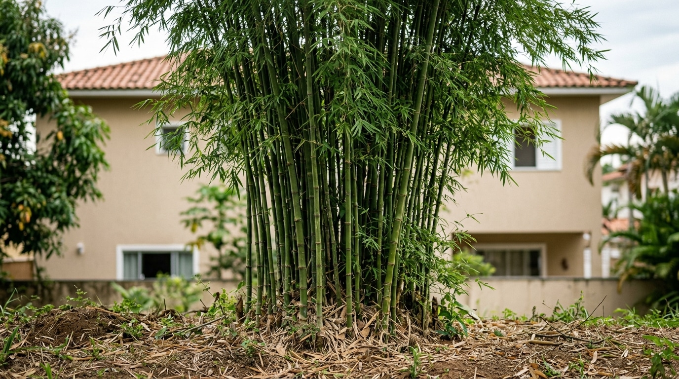 Densa touceira de bambus verdes com folhas finas crescendo a partir do solo com folhas secas, ocultando parcialmente uma casa bege de dois andares ao fundo.