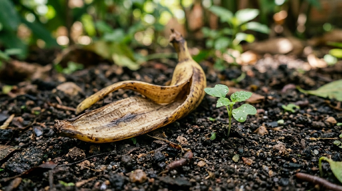 Uma casca de banana já escura e em processo de decomposição deitada sobre um substrato de terra preta e úmida, bem ao lado de uma pequena muda de planta verde recém-brotada.