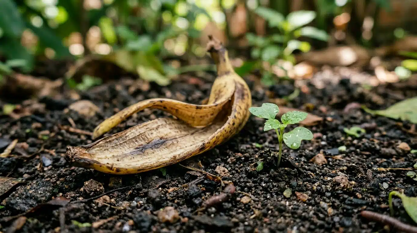 Uma casca de banana já escura e em processo de decomposição deitada sobre um substrato de terra preta e úmida, bem ao lado de uma pequena muda de planta verde recém-brotada.