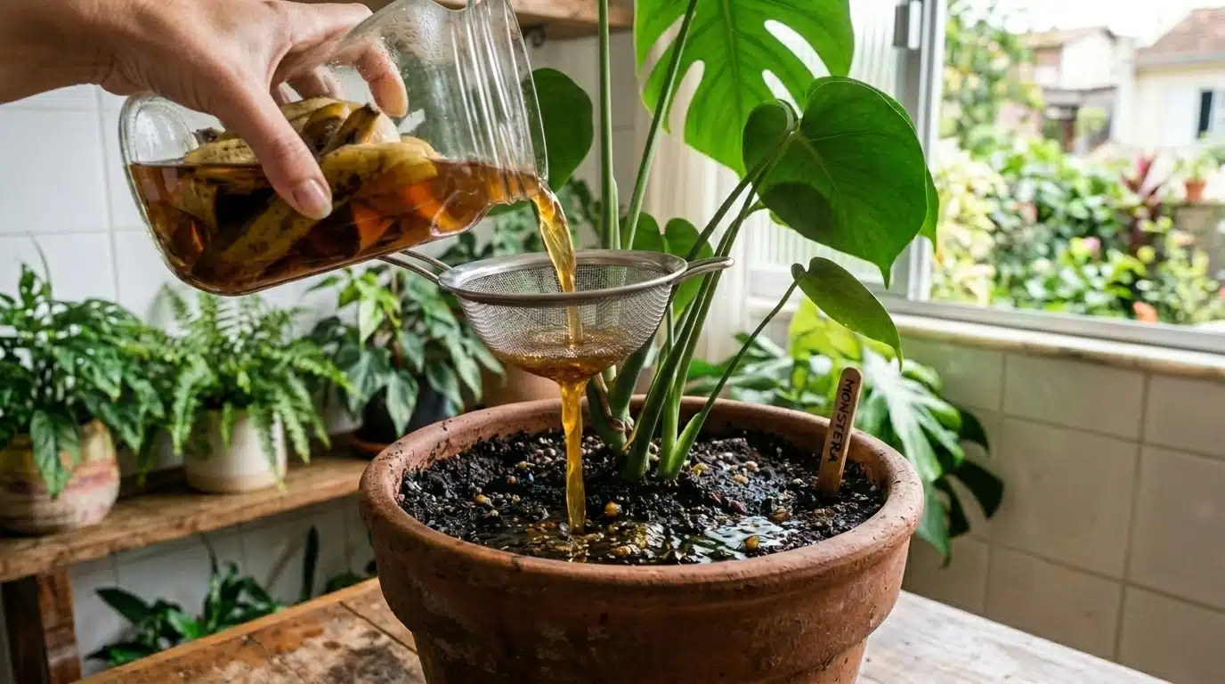 Mão segurando uma jarra de vidro e despejando um líquido âmbar escuro através de uma peneira de metal, caindo diretamente na terra de um vaso com uma planta Costela-de-Adão. Pedaços de casca de banana cozida ficam retidos na peneira.