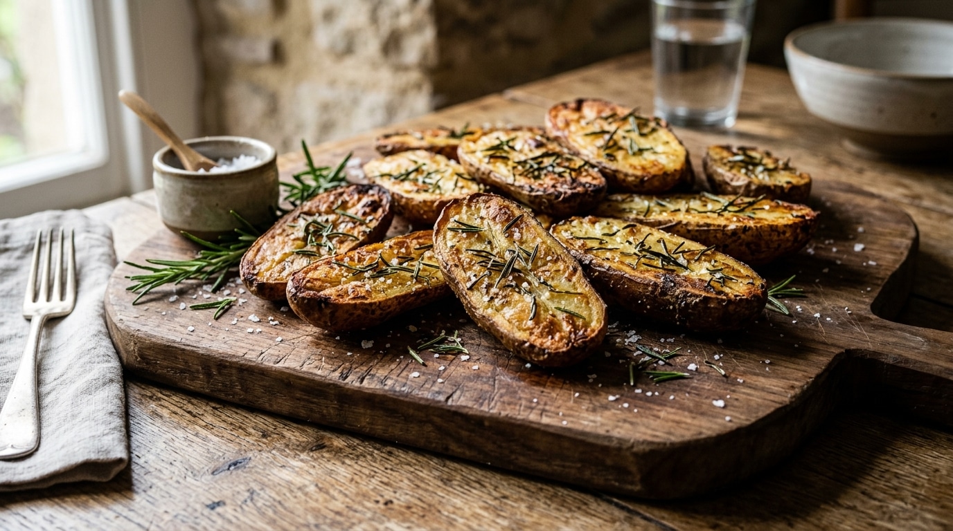 Uma tábua de madeira rústica e marcada pelo tempo servindo generosas fatias de batatas rústicas assadas com casca. As batatas estão douradas e temperadas com ramos de alecrim fresco e cristais de sal grosso.
