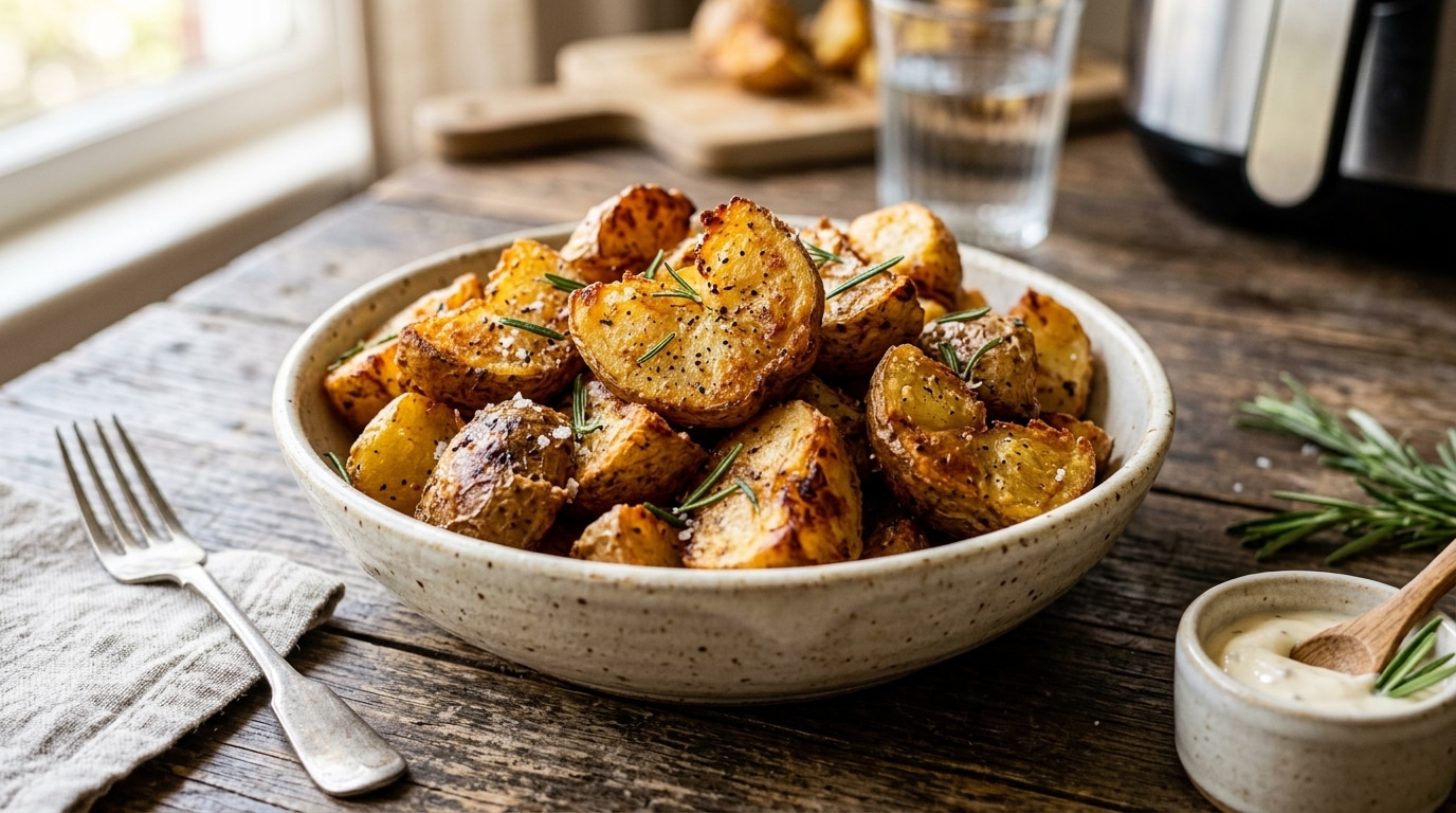 Tigela de cerâmica cheia de batatas rústicas douradas temperadas com alecrim e sal grosso sobre uma mesa de madeira. Ao lado, um garfo e um potinho com molho.