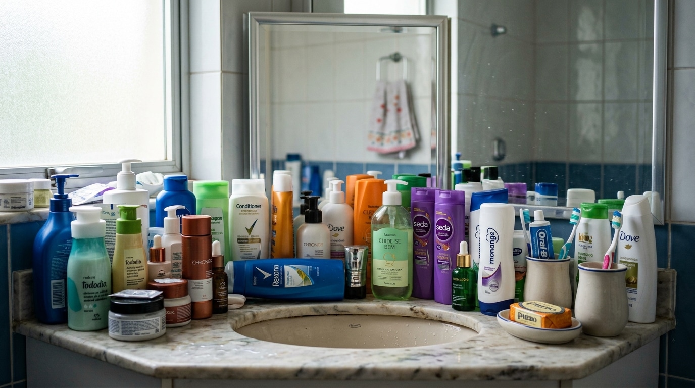 Bancada de mármore de um banheiro lotada com dezenas de frascos coloridos de cosméticos, shampoos, cremes, pastas de dente e sabonete, causando forte poluição visual.