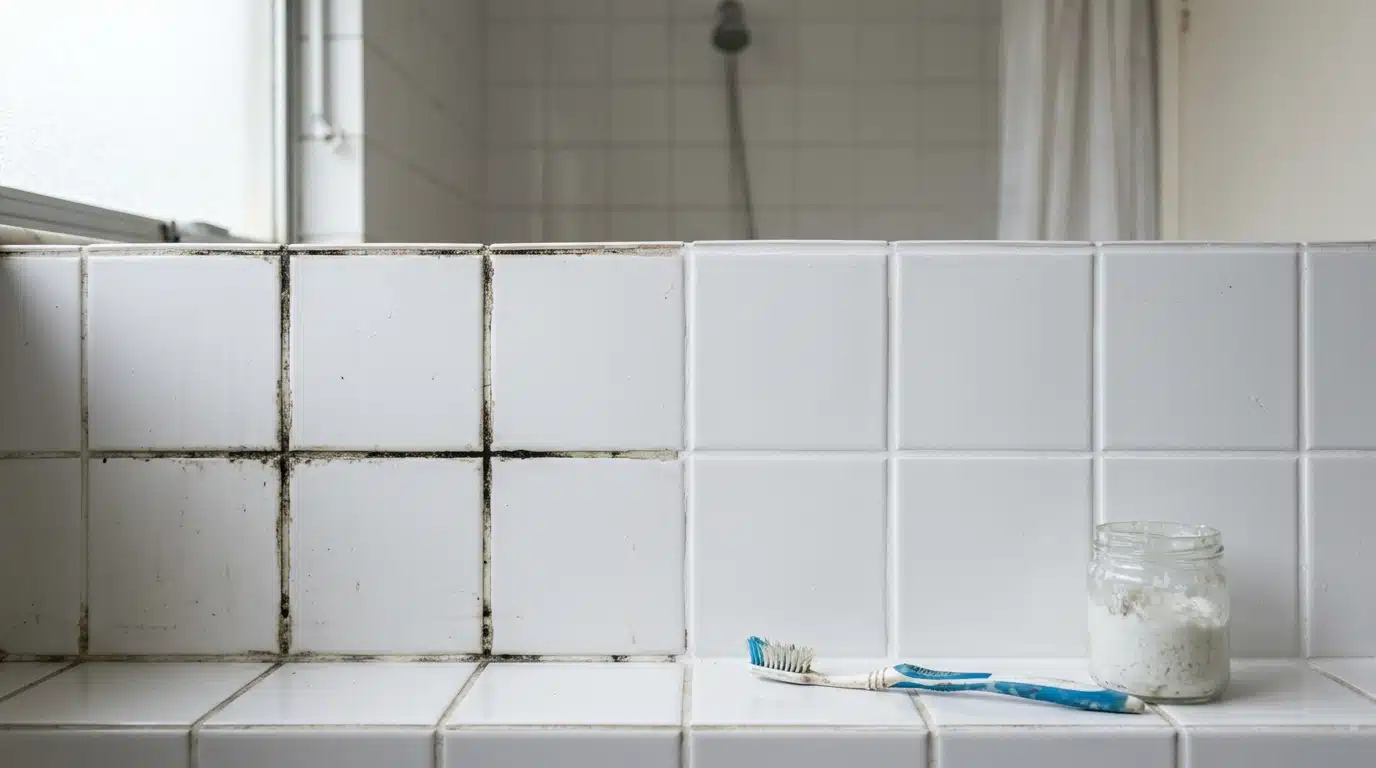 Mureta de azulejos brancos no banheiro mostrando um contraste de limpeza. À esquerda, os rejuntes estão pretos com mofo. À direita, estão completamente brancos e limpos. Uma escova de dentes azul e o pote com a pasta branca repousam sobre a borda limpa.