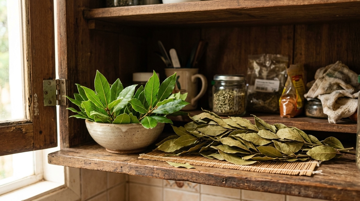 Armário rústico de madeira aberto mostrando uma tigela com folhas verdes e frescas de louro ao lado de um maço de galhos de louro seco sobre uma esteira de bambu.