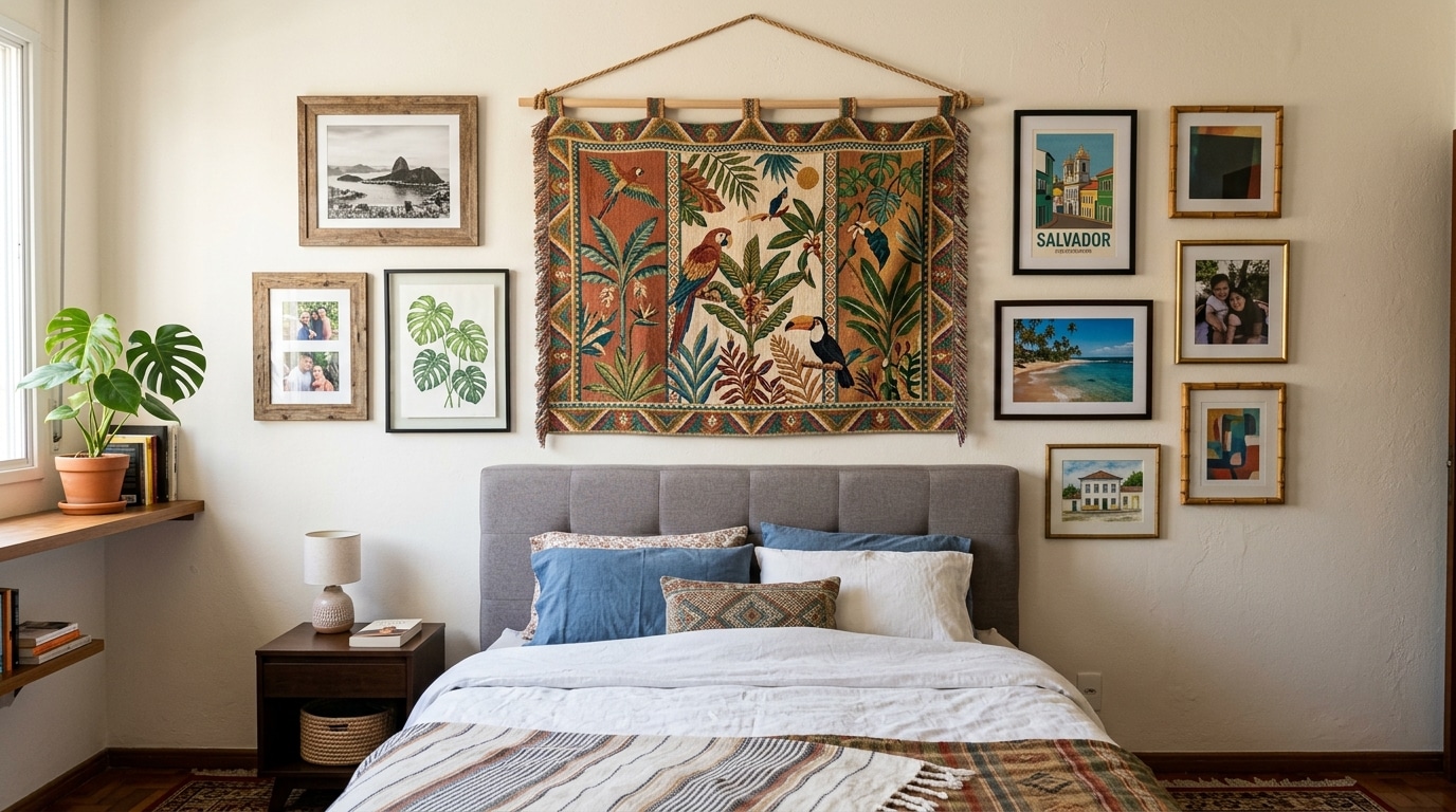Quarto de casal com parede decorada. Ao centro, sobre a cabeceira cinza da cama, pendura-se uma grande tapeçaria com estampa tropical de araras e tucanos. Ao redor, uma composição assimétrica de quadros com fotos e pinturas. À esquerda, uma prateleira de madeira suspensa com um vaso de Costela-de-Adão.
