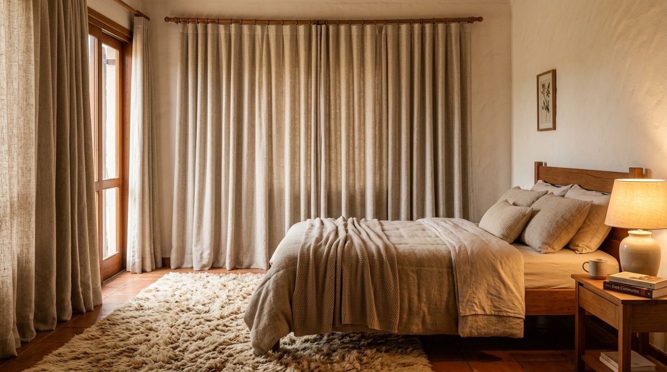 Quarto de casal extremamente aconchegante com piso de lajota terracota e um tapete felpudo bege. Ao fundo, a parede inteira é coberta por cortinas longas e encorpadas de linho claro, fechadas para filtrar a luz. A cama possui enxoval neutro e há um abajur aceso emitindo luz amarela na mesa de cabeceira.