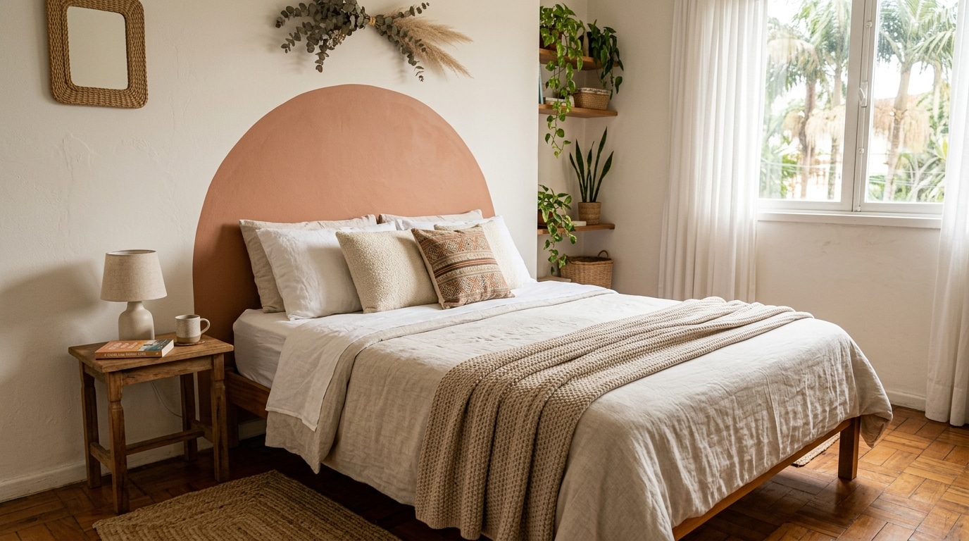 Quarto claro com piso de taco de madeira. Atrás da cama com enxoval de linho claro, um grande arco sólido pintado na cor terracota direto na parede branca atua como cabeceira. Prateleiras com plantas pendentes aparecem à direita.