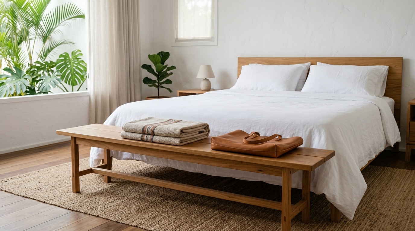 Quarto com cama de casal arrumada com lençóis brancos e cabeceira de madeira. Aos pés da cama, um banco de madeira apoia um cobertor dobrado e uma bolsa de couro. À esquerda, uma janela revela diversas plantas tropicais verdes. Piso de madeira coberto por tapete de juta.