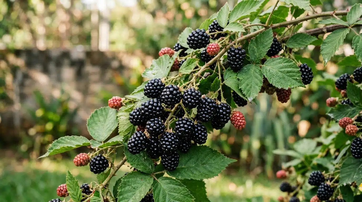 Galho rústico de amoreira com folhas verdes texturizadas, sustentando dezenas de amoras agrupadas em variadas fases de maturação, das vermelhas vibrantes às pretas maduras.