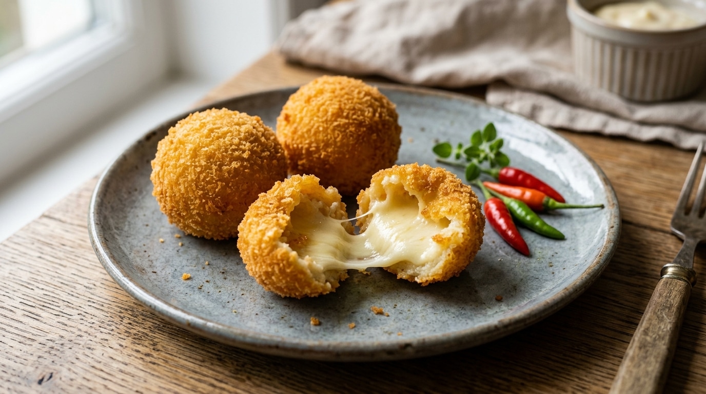 Um prato cinza texturizado contendo três grandes bolinhos de queijo fritos com casquinha empanada muito crocante. O bolinho do meio está partido, revelando uma quantidade farta de queijo derretido que se estica entre as duas metades. Três pequenas pimentas vermelhas decoram a lateral do prato.