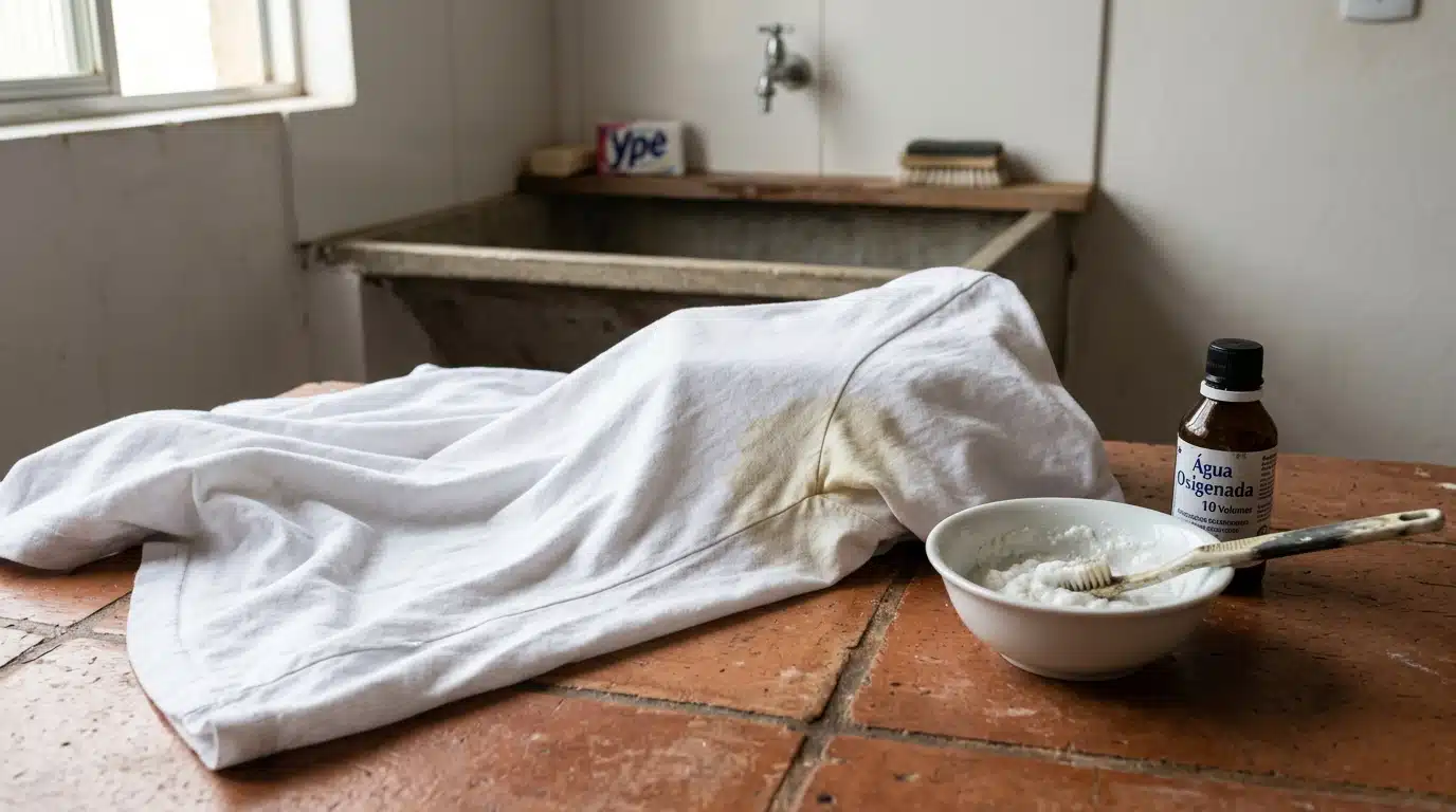 Camiseta branca com uma mancha amarelada visível sob a axila em uma bancada de cerâmica rústica. Ao lado, há um frasco âmbar de água oxigenada, uma tigela branca contendo uma pasta de limpeza e uma escova de dentes usada.