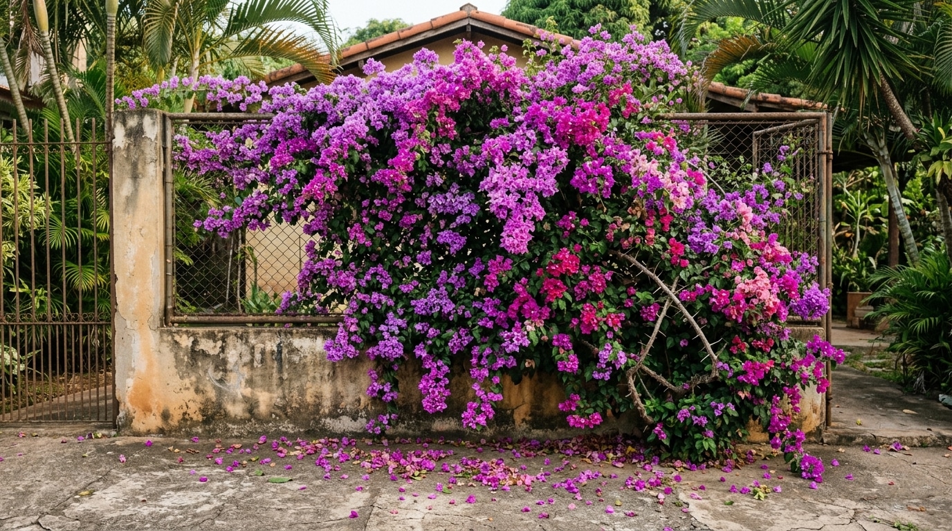 Arbusto exuberante de primavera (bougainvillea) com flores em tons de roxo e rosa vibrante transbordando sobre uma cerca de arame e mureta de concreto envelhecido.