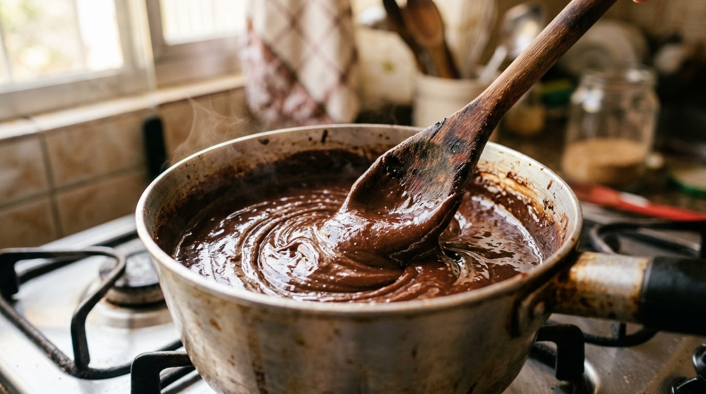 Mistura escura e brilhante de brigadeiro fervendo em uma panela de alumínio no fogão, sendo mexida intensamente por uma colher de pau rústica que puxa o creme quente.