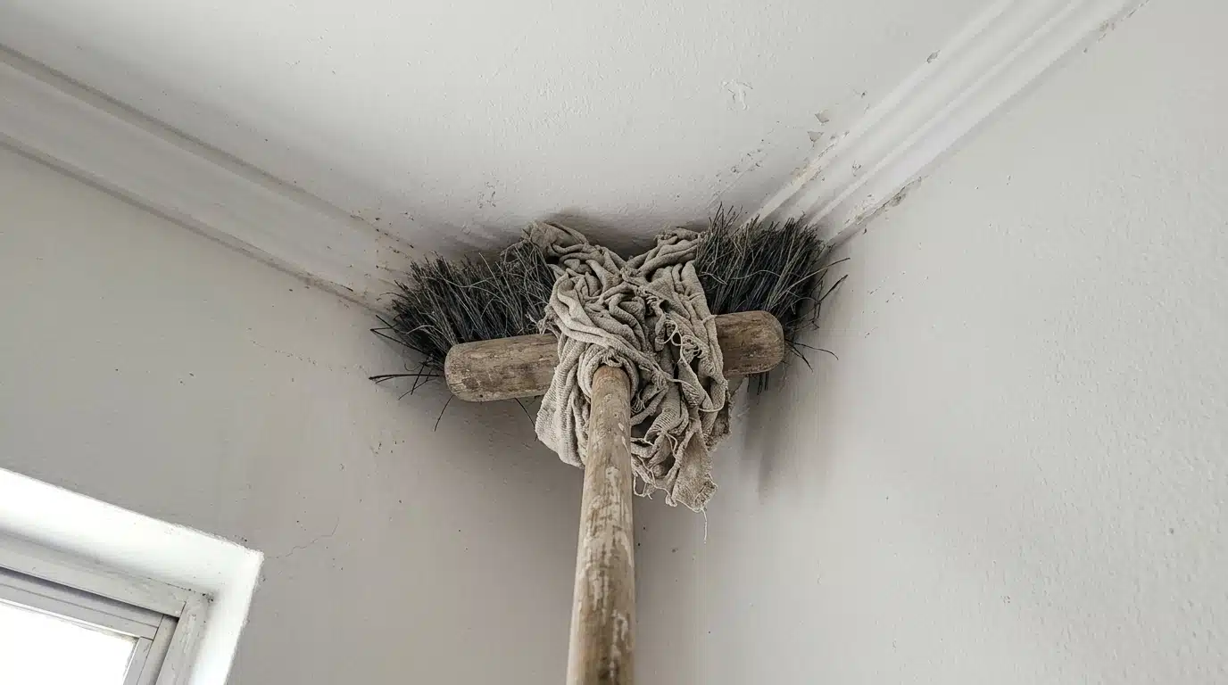 Cabeça de uma vassoura de cerdas coberta por um pano de chão amarrado, sendo pressionada contra a quina de um teto branco para remover sujeiras e teias.