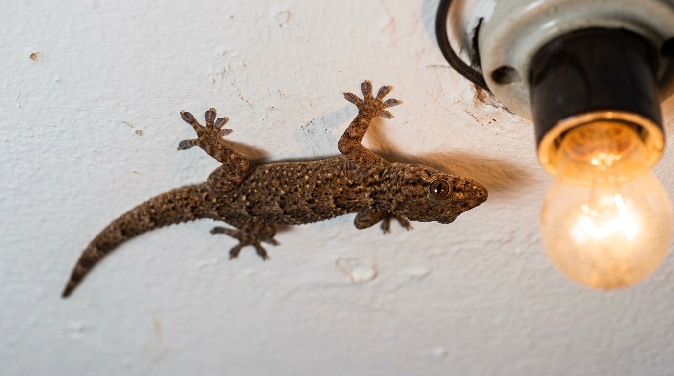 Fotografia em close-up de uma lagartixa marrom com pintas escuras, de ponta-cabeça, agarrada firmemente a um teto branco levemente texturizado, bem próxima a uma lâmpada incandescente brilhante.