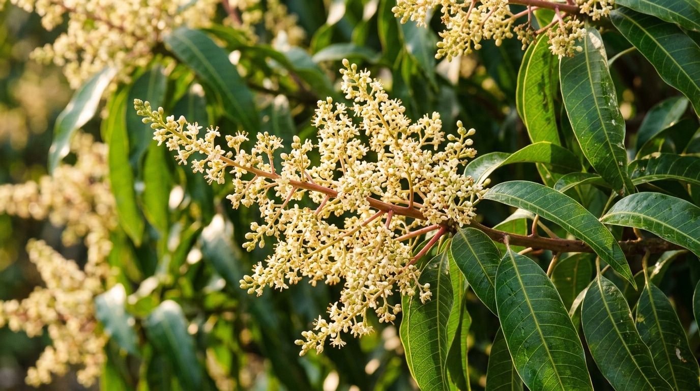ose-up de um cacho cheio de pequenas flores amareladas de uma mangueira, cercado por folhas verdes longas sob luz natural.
