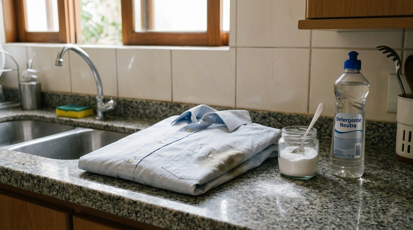 Camisa social azul clara dobrada sobre uma bancada de granito, exibindo uma mancha amarelada no bolso, ladeada por um pote de vidro com pó branco e um frasco de detergente neutro.