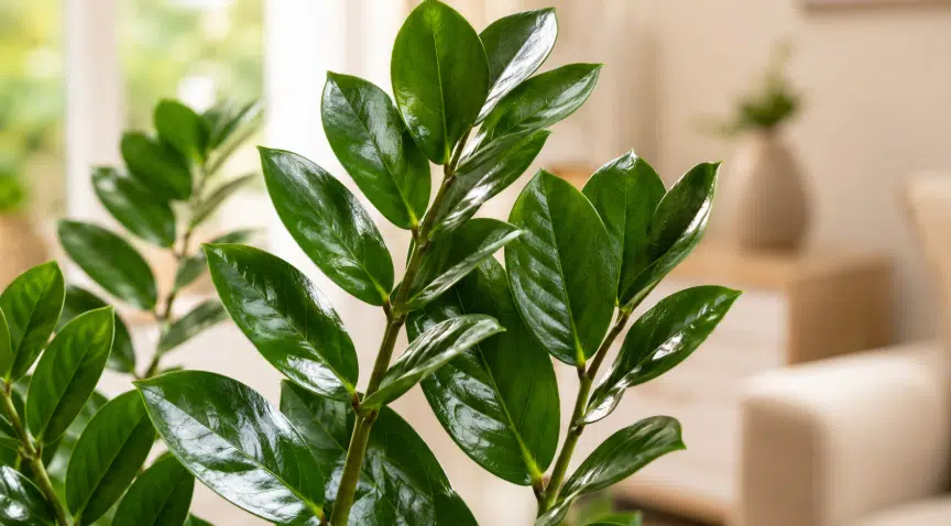 Close-up das folhas verdes e brilhantes de uma zamioculca em ambiente interno, com fundo neutro e iluminação natural suave.