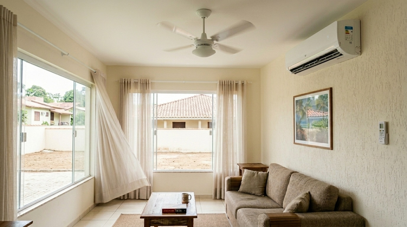 Imagem dividida diagonalmente mostrando um ventilador de teto branco moderno à esquerda e um ar-condicionado split marcando 23°C à direita, ambos em quartos claros.