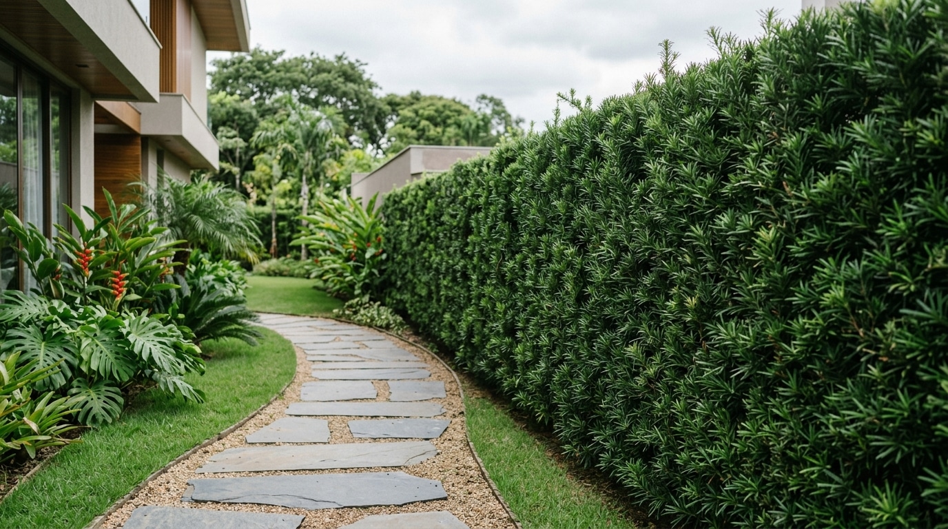 Parede verde e densa formada por arbustos de podocarpo contornando um caminho de pedras irregulares em um jardim com gramado ao lado de uma casa moderna.