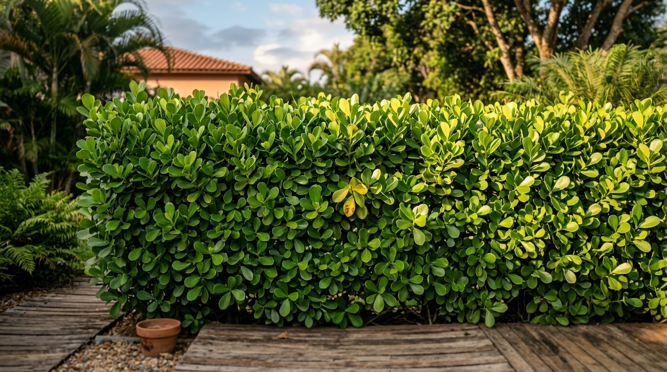 Arbusto retangular espesso e perfeitamente podado feito de plantas clúsia com folhas verdes arredondadas, margeando um deck de madeira rústica.
