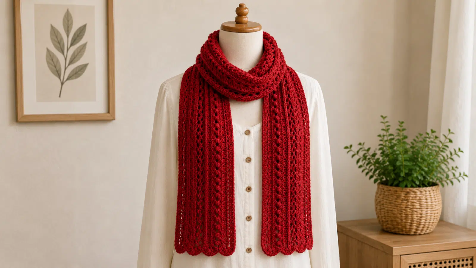 Cachecol de crochê vermelho valoriza o look com textura, aconchego e charme artesanal, perfeito para deixar os dias frios mais estilosos.