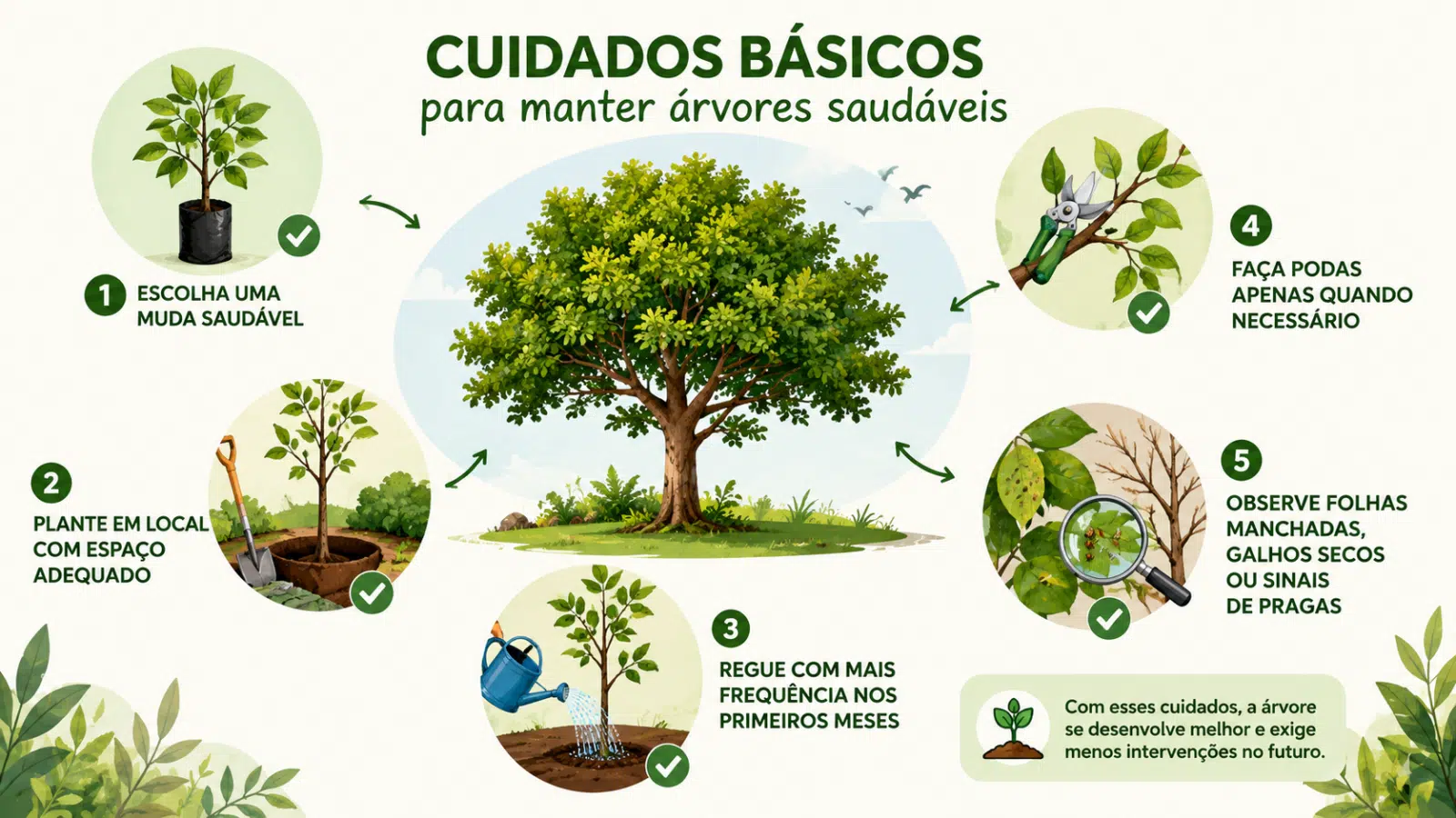 Infográfico mostra cuidados simples para manter árvores saudáveis, desde a escolha da muda até a rega, poda e observação das folhas no dia a dia.
