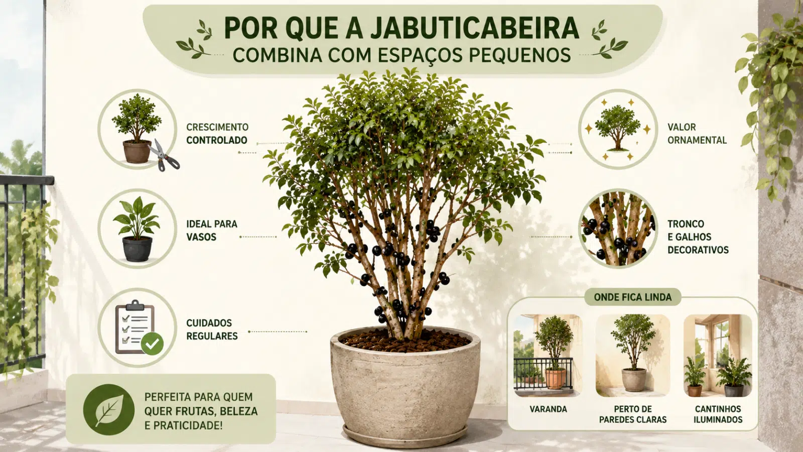 Infográfico mostra por que a jabuticabeira em vaso é uma ótima escolha para espaços pequenos, unindo beleza ornamental, frutos e cuidados simples no dia a dia.