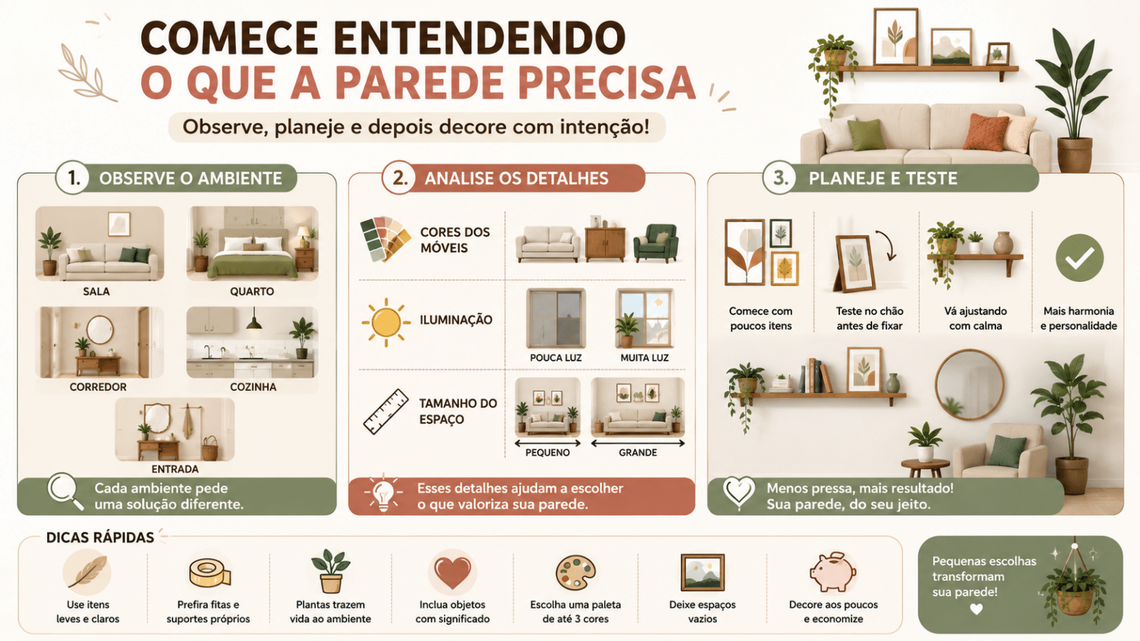 Infográfico mostra como observar o ambiente, analisar cores e iluminação e decorar a parede aos poucos, criando uma composição bonita, econômica e cheia de personalidade.