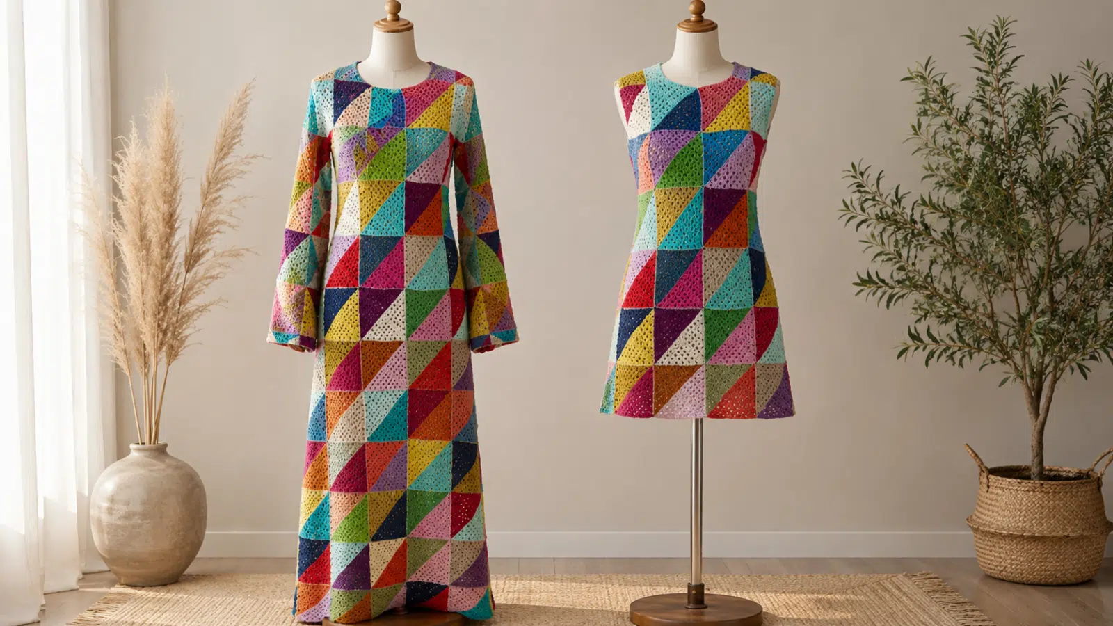 Dois vestidos de crochê coloridos com squares geométricos exibidos em manequins, em versões longa com mangas e curta sem mangas.