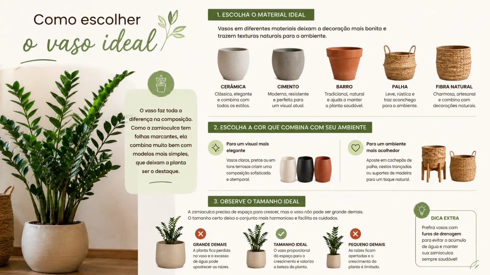 Infográfico sobre como escolher o vaso ideal para zamioculca, com dicas de materiais, cores, tamanho e drenagem.