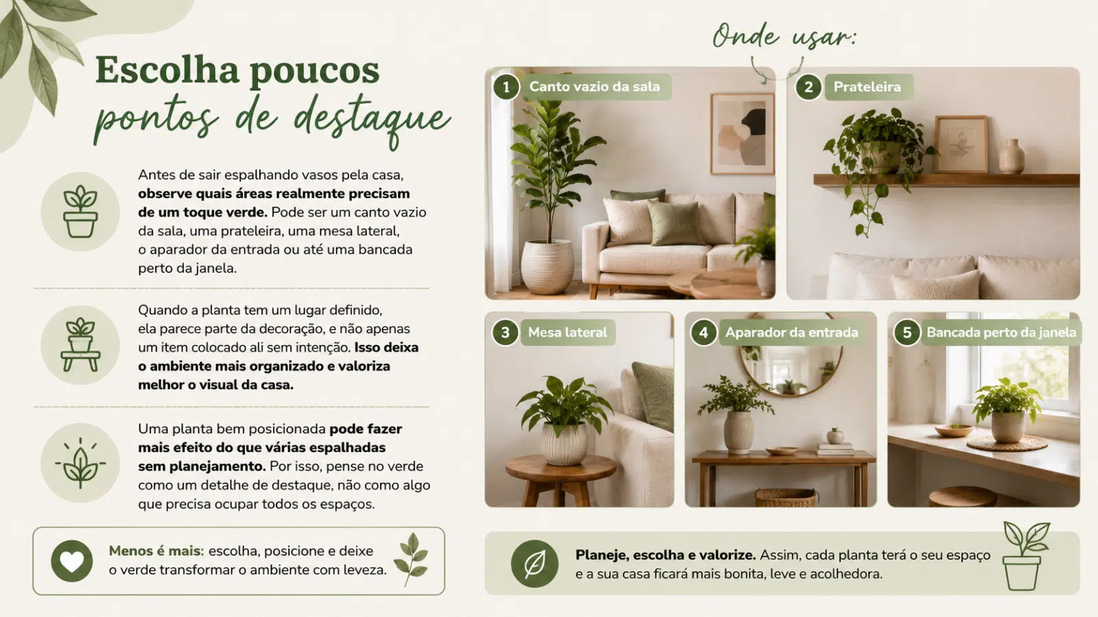 Infográfico sobre como escolher poucos pontos de destaque para usar plantas na decoração, mantendo a casa leve, organizada e acolhedora.