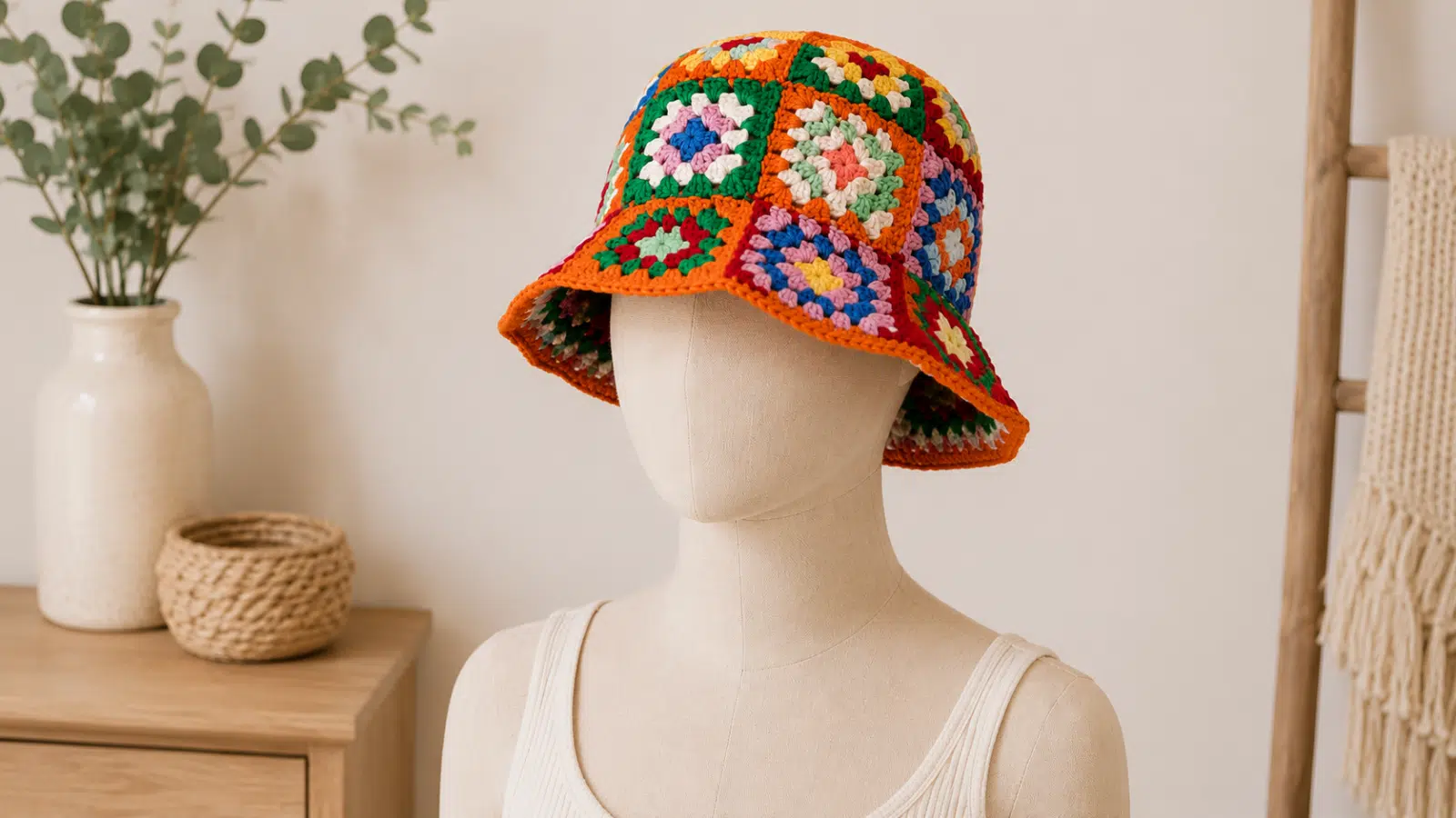 Chapéu de crochê colorido em estilo bucket, feito com squares vibrantes e acabamento artesanal, exposto em manequim