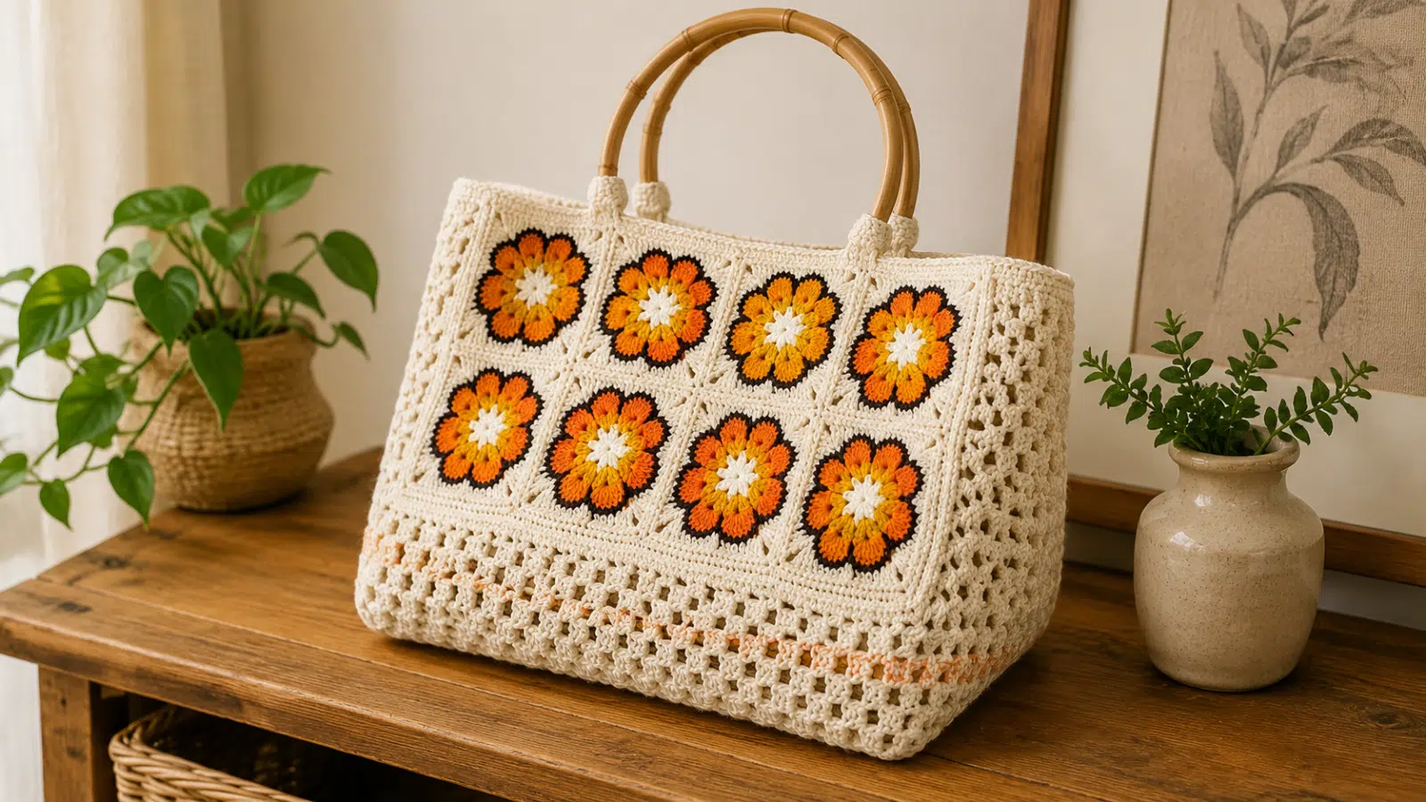 Bolsa de crochê artesanal em tom cru, com squares florais em laranja e amarelo, alças estruturadas e acabamento vazado, exposta em ambiente acolhedor
