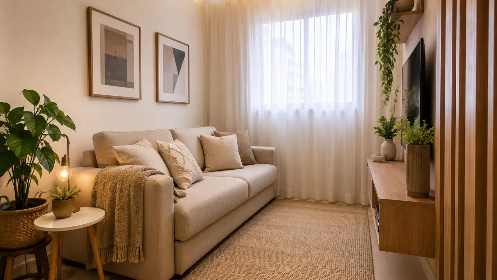 Sala pequena decorada com sofá claro, almofadas neutras, manta, tapete discreto e plantas, criando um ambiente organizado, aconchegante e elegante.