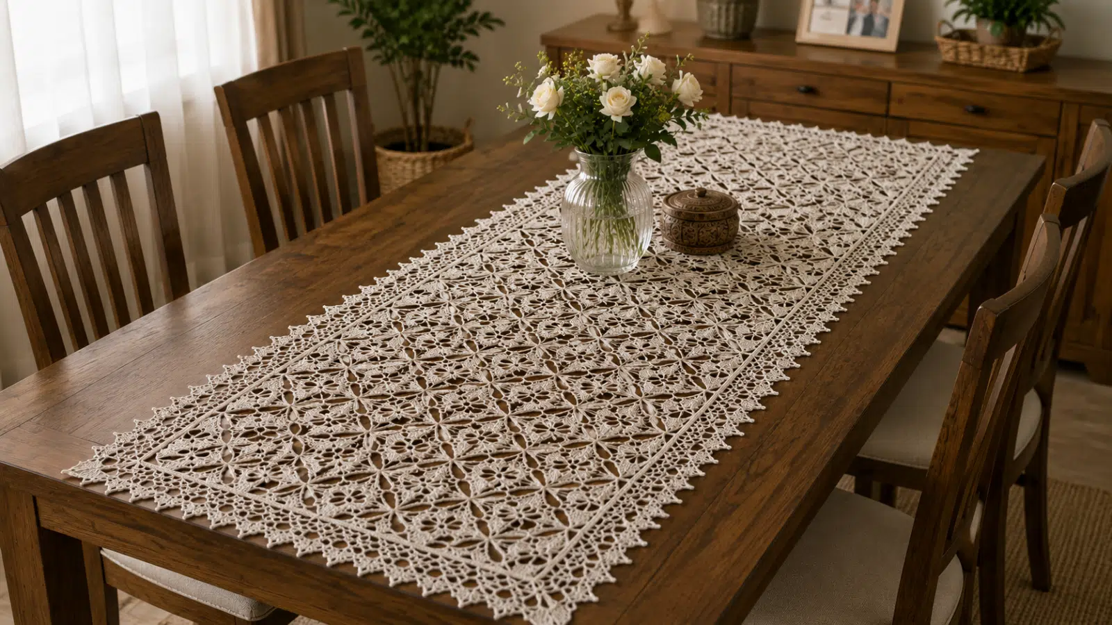 Caminho de mesa de crochê rendado com delicados motivos florais valorizando a mesa de jantar de madeira e criando uma decoração elegante e acolhedora.