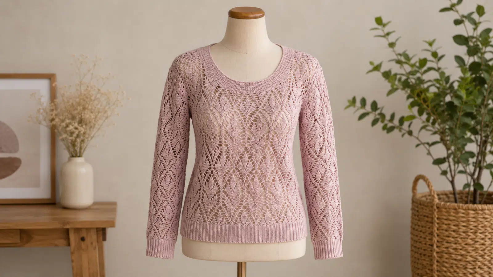 Blusa de crochê rosa em manequim, com ponto vazado delicado, mangas longas e acabamento artesanal na gola, barra e punhos.
