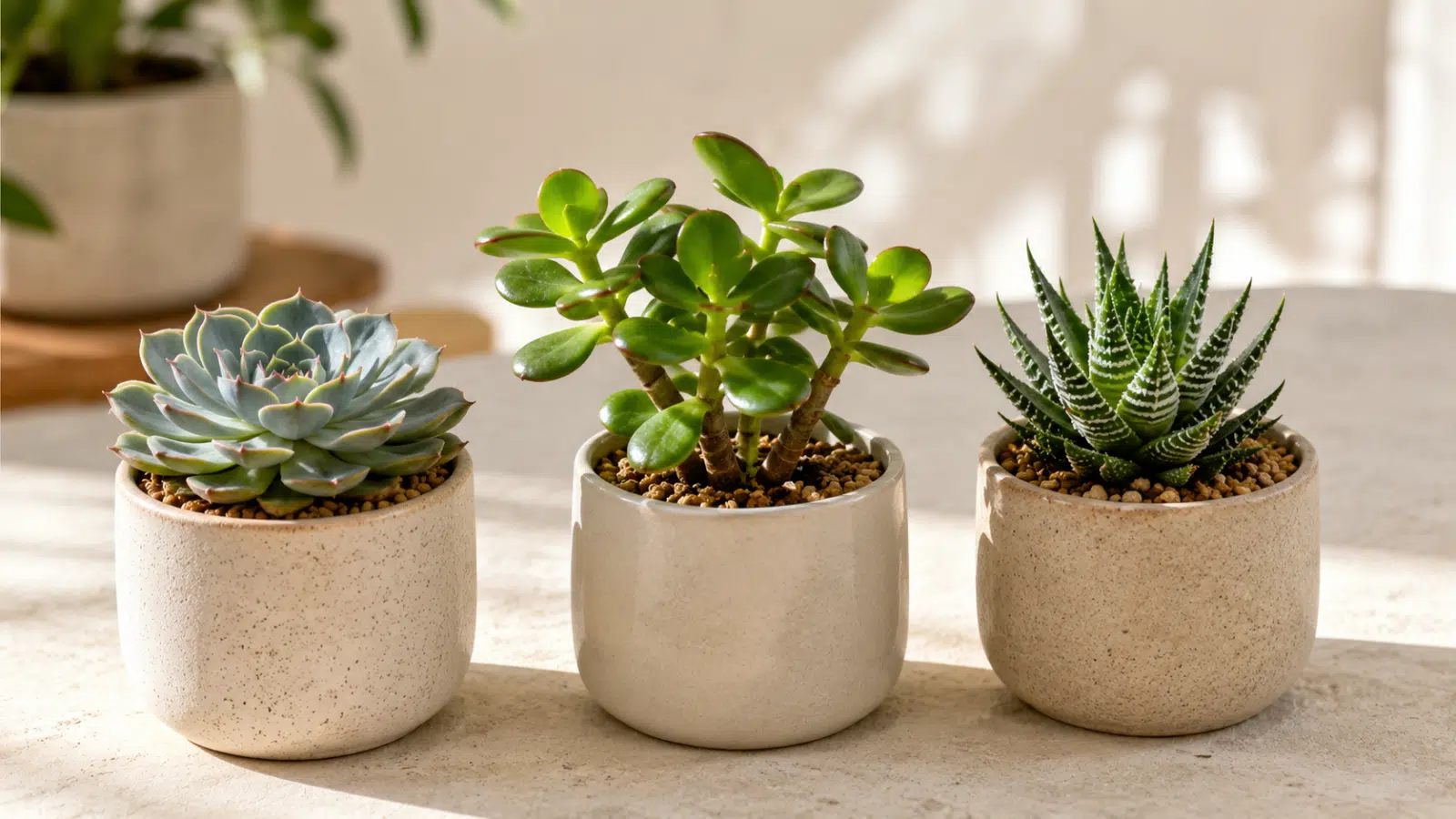 Três suculentas fáceis de cuidar em vasos pequenos, com echeveria, planta-jade e haworthia em ambiente interno iluminado.