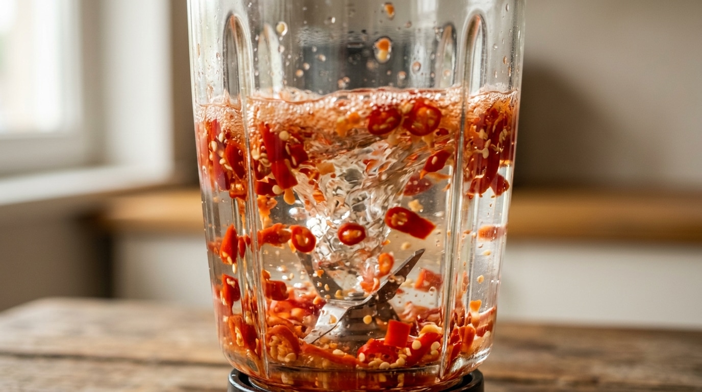 Close-up de um copo de liquidificador de vidro em movimento, triturando pedaços de pimenta vermelha com água, criando um redemoinho e espuma.