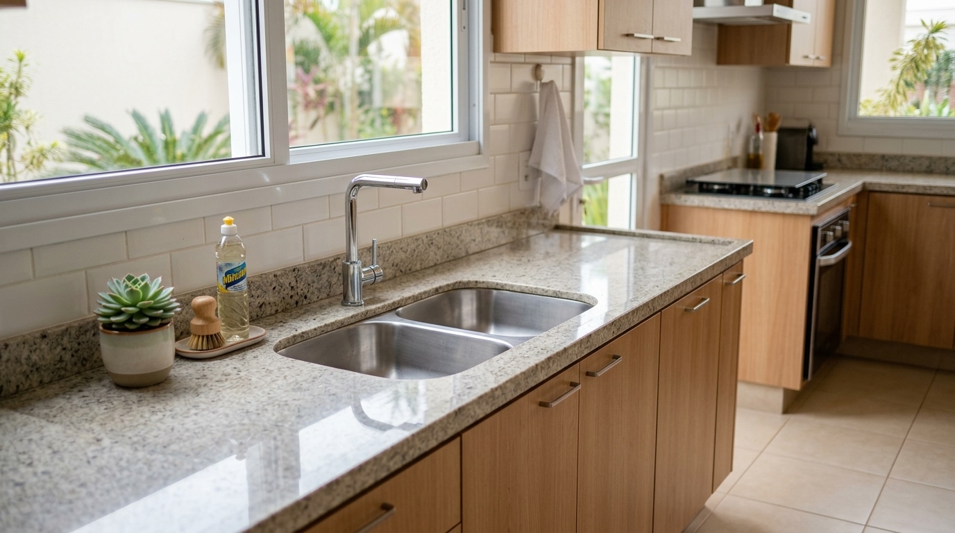 Pia de inox dupla embutida em uma bancada de granito claro, completamente limpa, sem louças sujas, acompanhada apenas por detergente, uma escova e uma pequena planta decorativa.