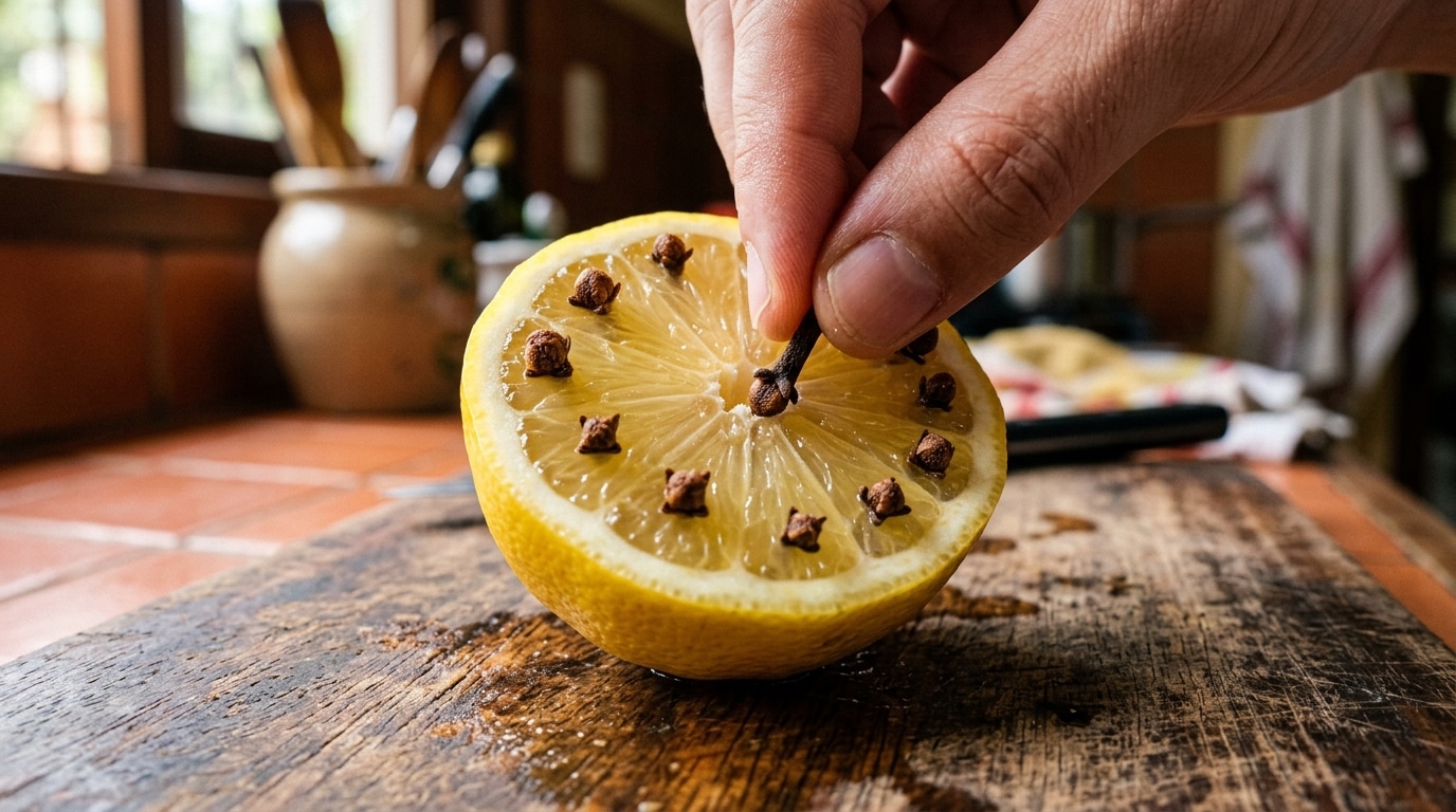 Uma mão espetando firmemente um cravo-da-índia no miolo de uma metade de limão siciliano amarelo. O limão já possui vários cravos espetados em círculo e está apoiado sobre uma tábua de corte de madeira rústica.