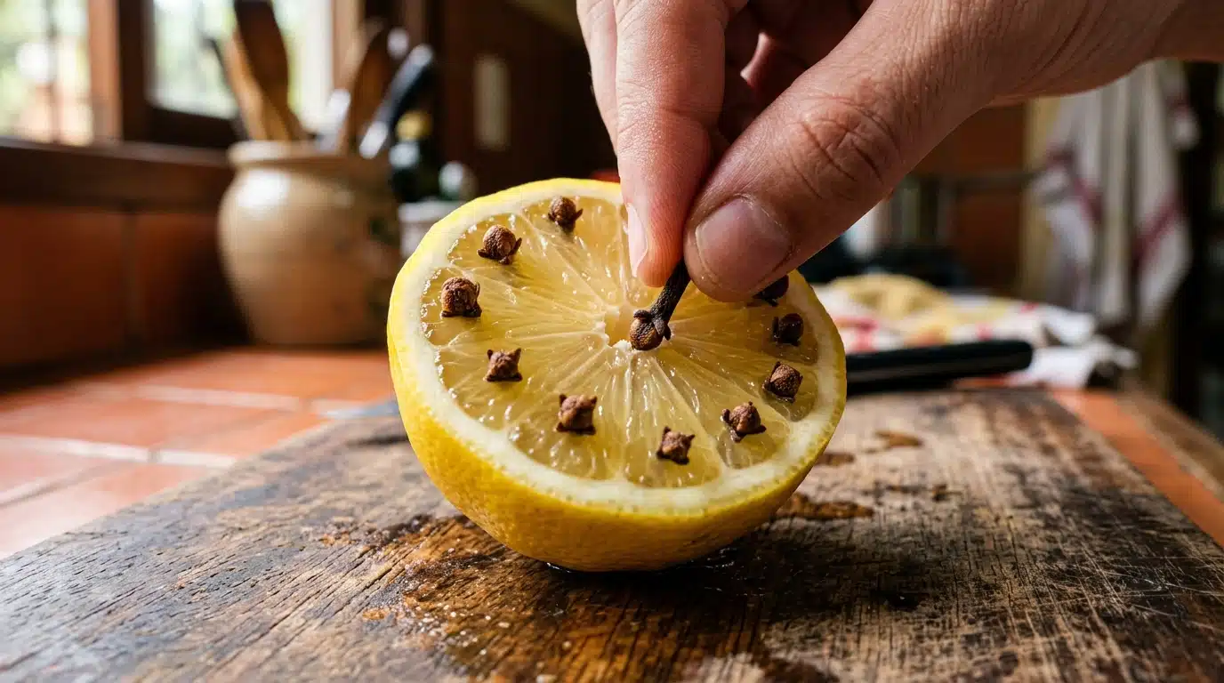Uma mão espetando firmemente um cravo-da-índia no miolo de uma metade de limão siciliano amarelo. O limão já possui vários cravos espetados em círculo e está apoiado sobre uma tábua de corte de madeira rústica.
