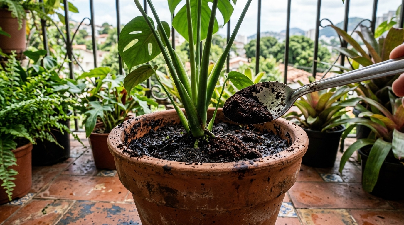 Mão segurando uma colher de metal cheia de borra de café escura sobre a terra de um vaso de barro com uma planta costela-de-adão.