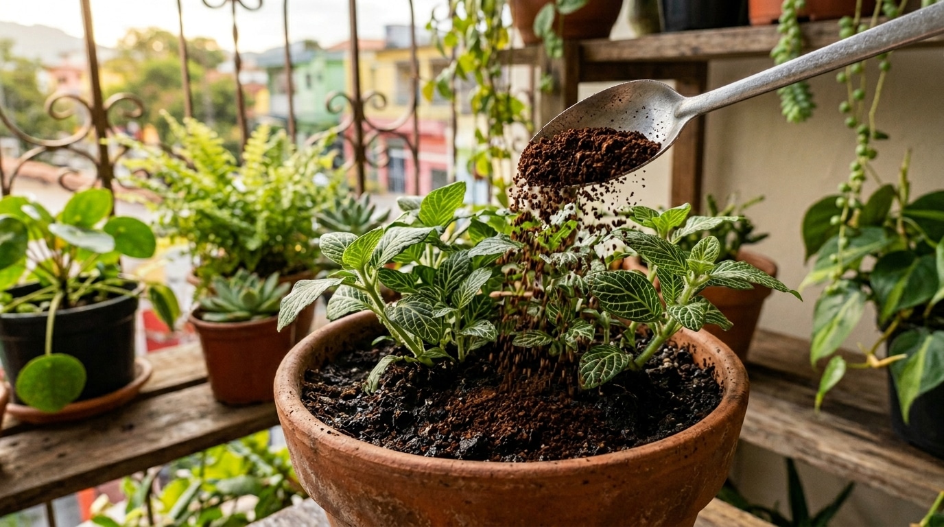 Colher de metal espalhando pó de café como chuva sobre a terra escura de um vaso com uma planta verde. Fundo de varanda com outras plantas.